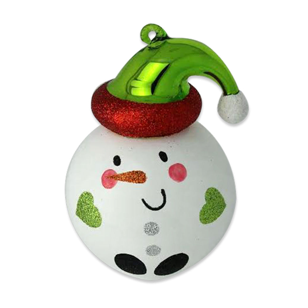 Topped with a
jaunty green hat, this glass round snowman will cheerfully peek out of your
tree with his glitter details that will reflect the tree’s twinkling lights.