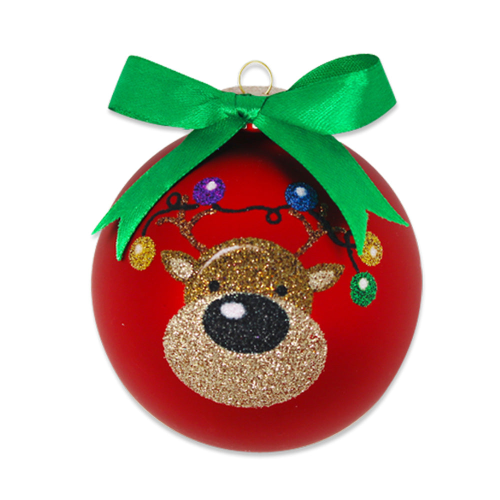 With is antlers
entangled with Christmas lights, this whimsical reindeer sparkled from the
front of this vivid red glass round.