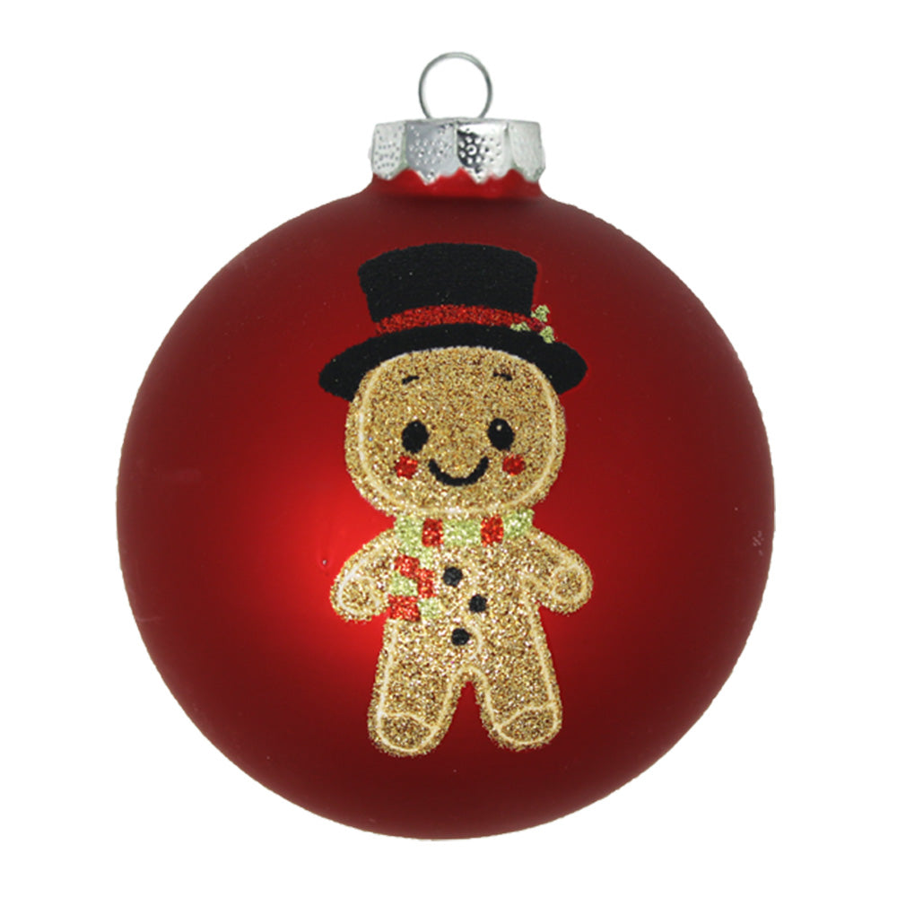 Topped with a
jaunty top hat and wrapped up in a scarf, the glittered gingerbread on this
red glass round is ready to spread some holiday cheer.