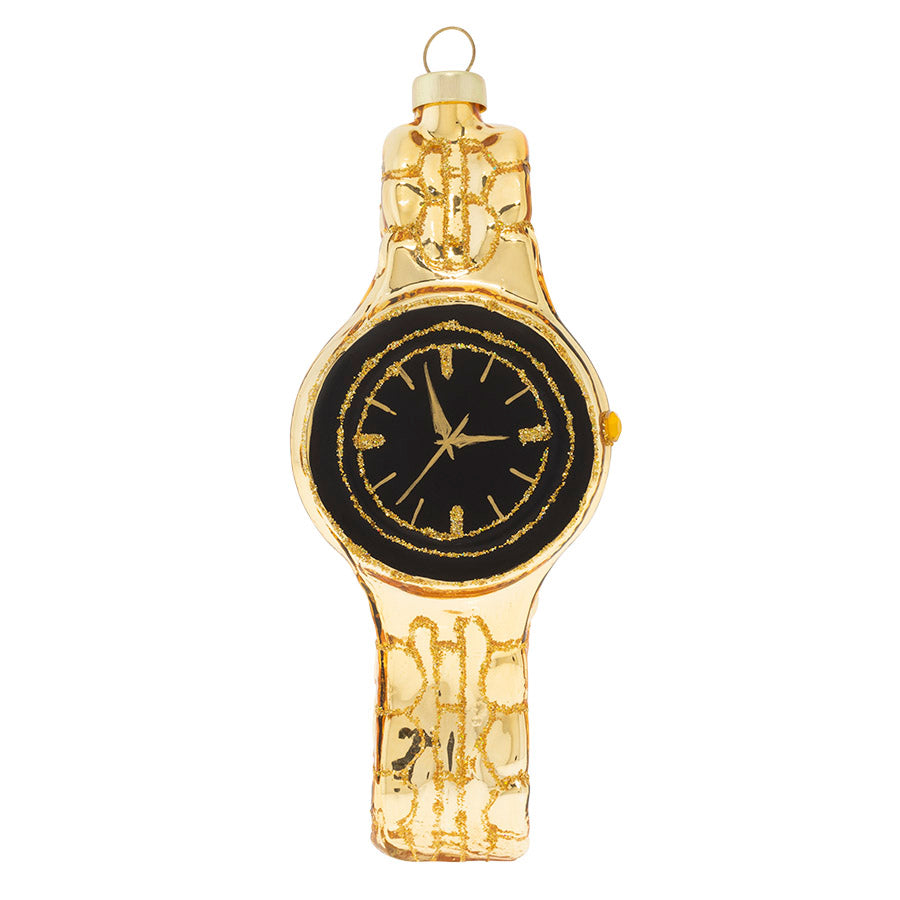 Glittered and golden, this retro glass watch will add a little fun to your holiday décor this season.