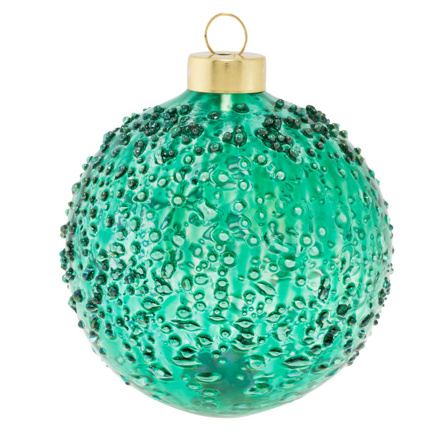 Our sleek iridescent glass ornament covered in simple bubbled glass will adorn any tree is hangs from!