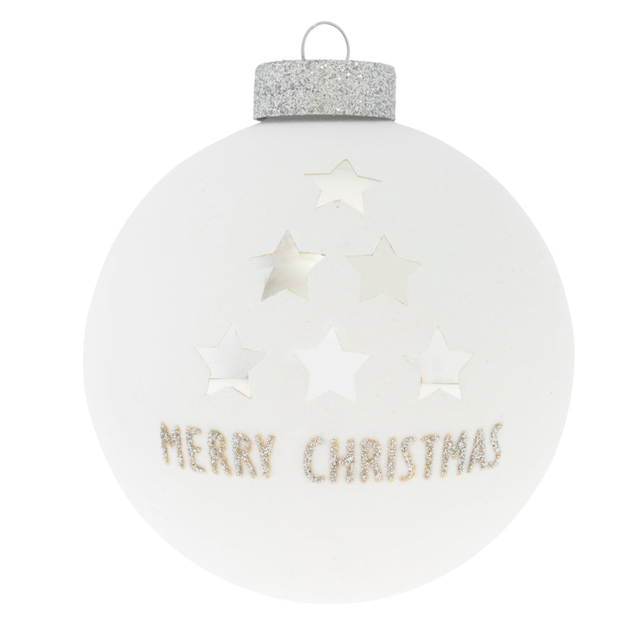 Flocked all around and stamped with silver stars and Merry Christmas, this glass ornament is sure to become a classic. 