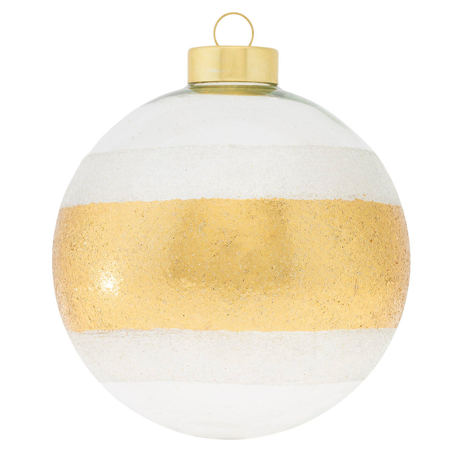 A single gold foil stripe with delicate frosting and subtle touches of glitter make this glass ornament truly spectacular. 