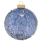 This dimpled blue glass round is the perfect addition to any tree. The iridescent translucent color will reflect the lights on your tree with a stunning effect.