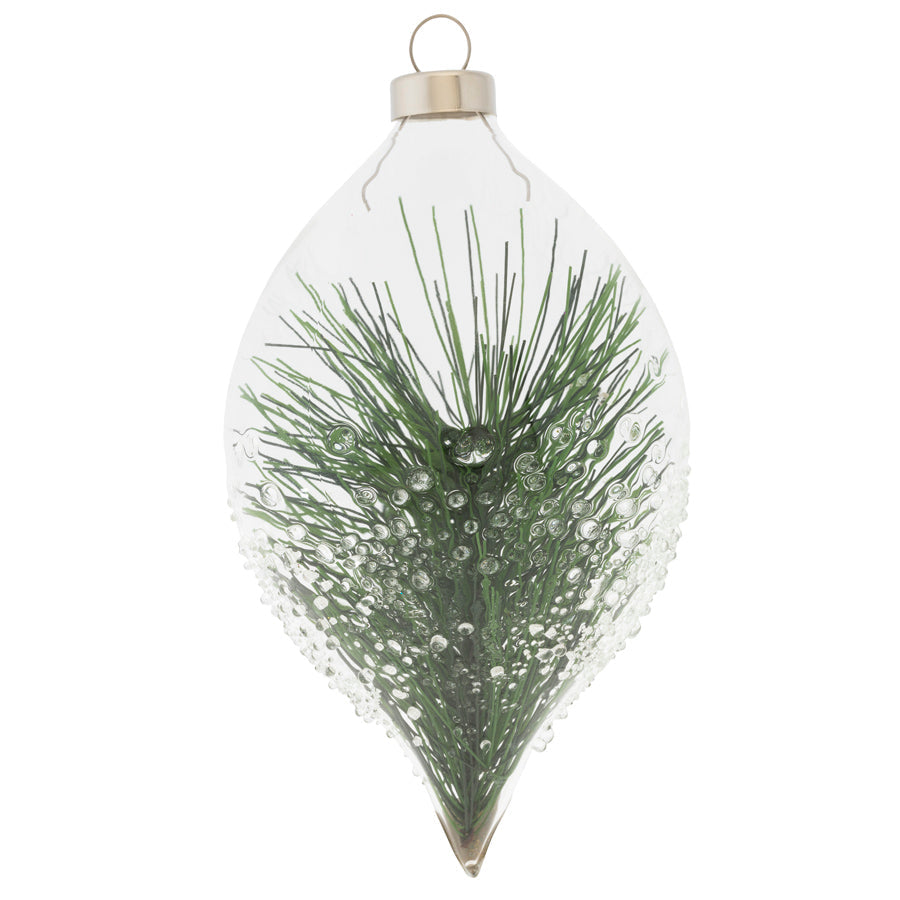 The beautiful faux pine branch encased inside this dimpled tulip glass bauble adds a sophisticated outdoor feel to your Christmas décor. 