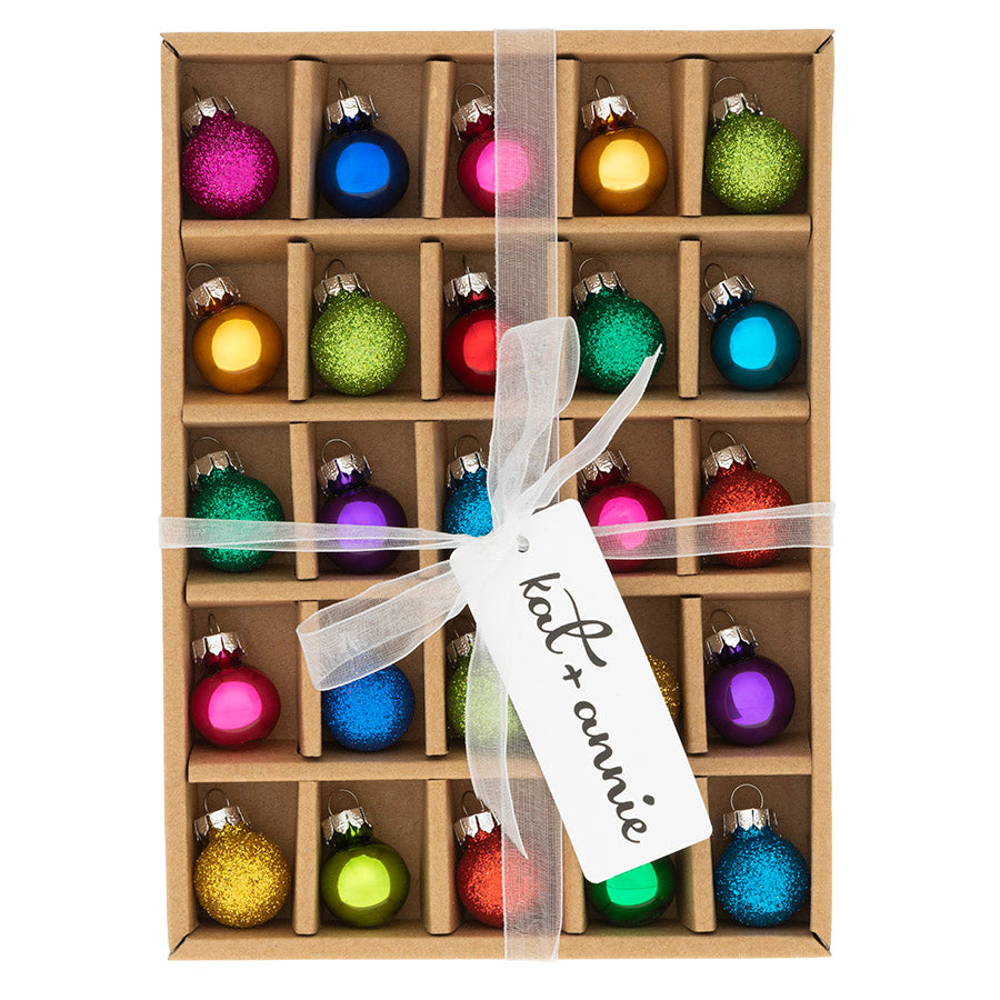 Our 25 count Rainbow glass ornament box set is the unique mix of bright fun color and classic Christmas tones creating a perfectly balanced box of Christmas fun!