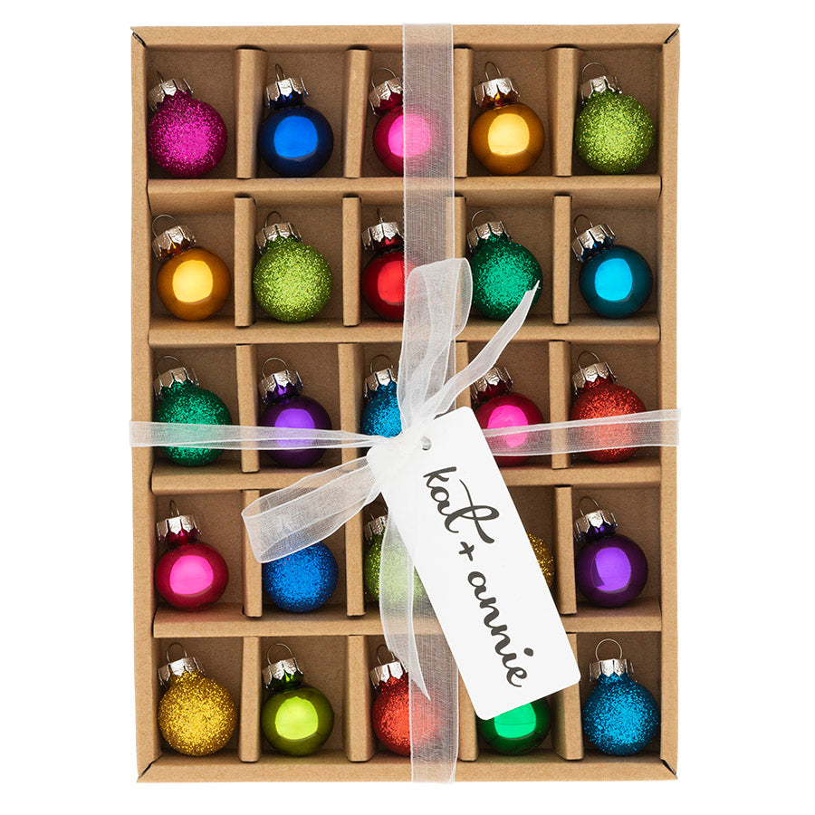 Our 25 count Rainbow glass ornament box set is the unique mix of bright fun color and classic Christmas tones creating a perfectly balanced box of Christmas fun!