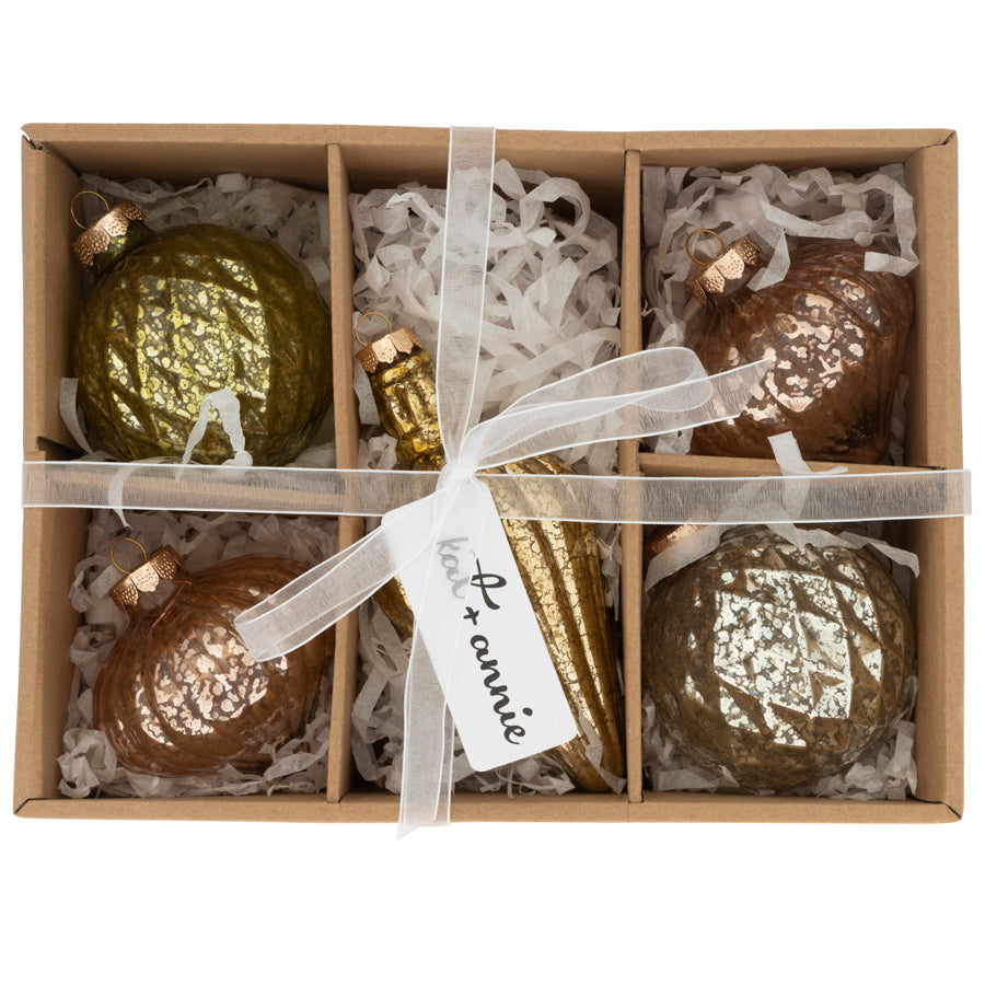 So much joy is found in this 5 count glass ornament box set. Dazzle your tree with these gorgeous metallic Christmas ornaments this year.