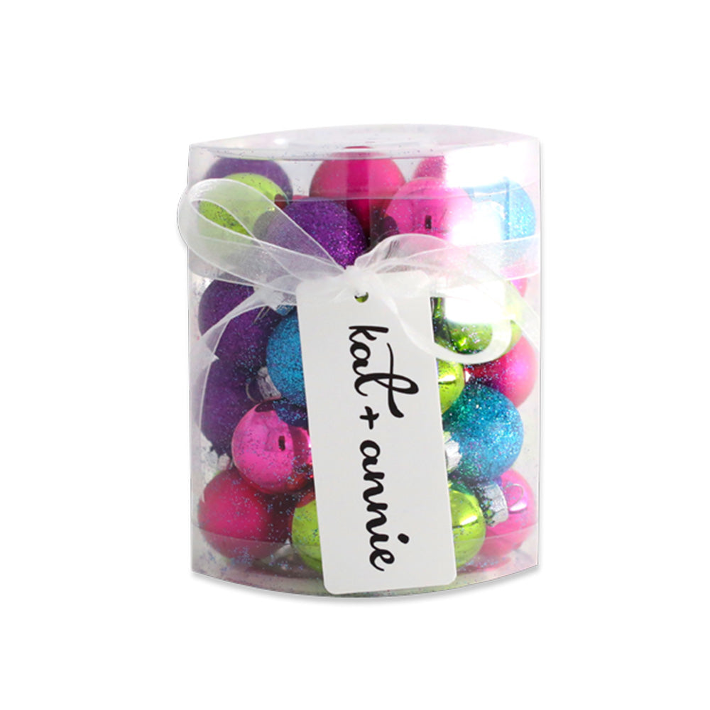 40 Count Burst of Brights ornaments. A mixed selection of finishes. Purple, green, pink, and blue colored rounds. 