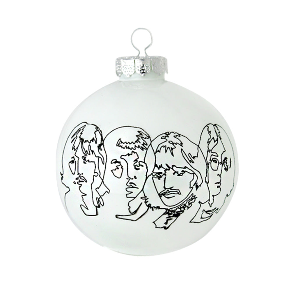 White Album Sketch Round ornament. White round with sketches of The Beatles. View of front.