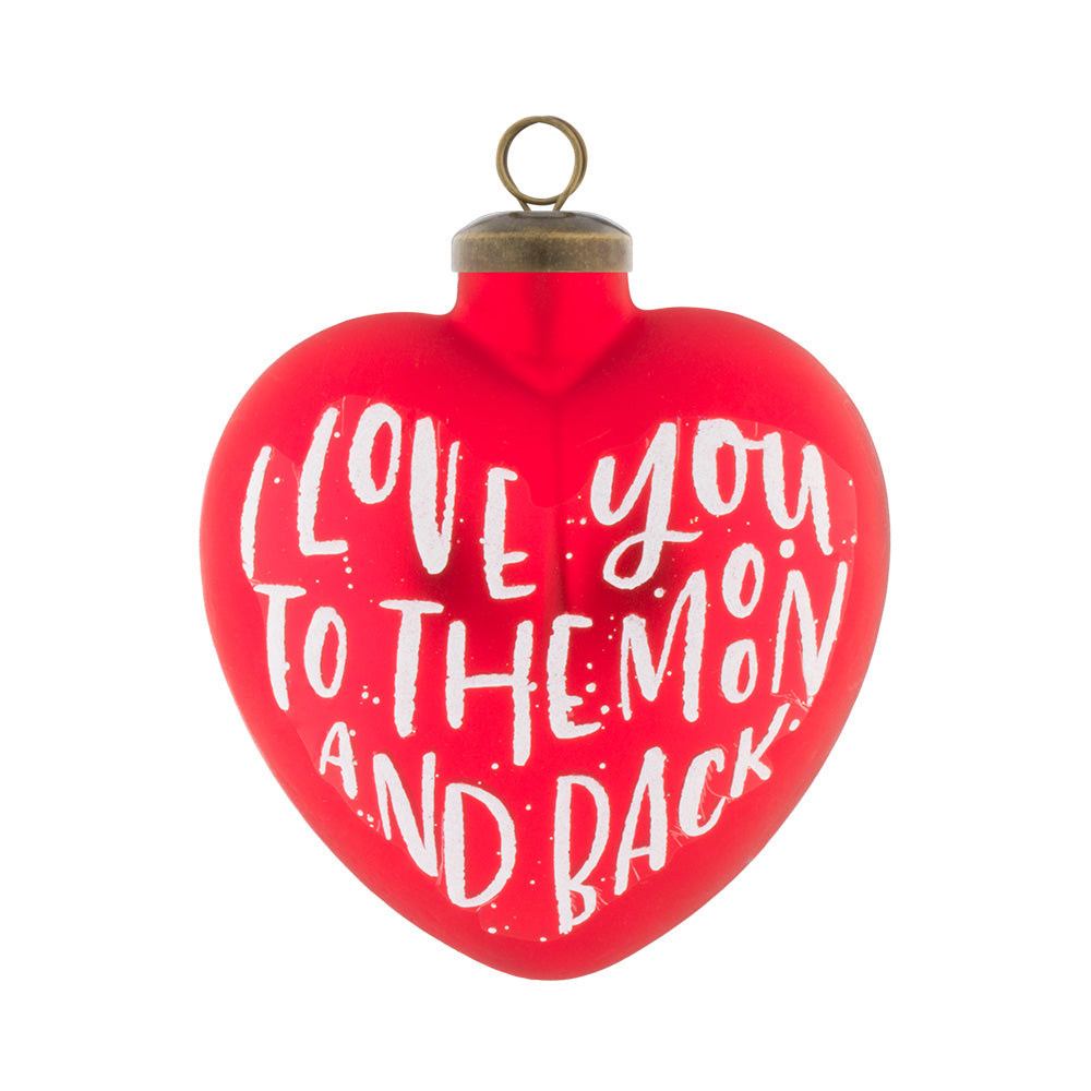 This red shiny heart reads "I love you to the moon and back".