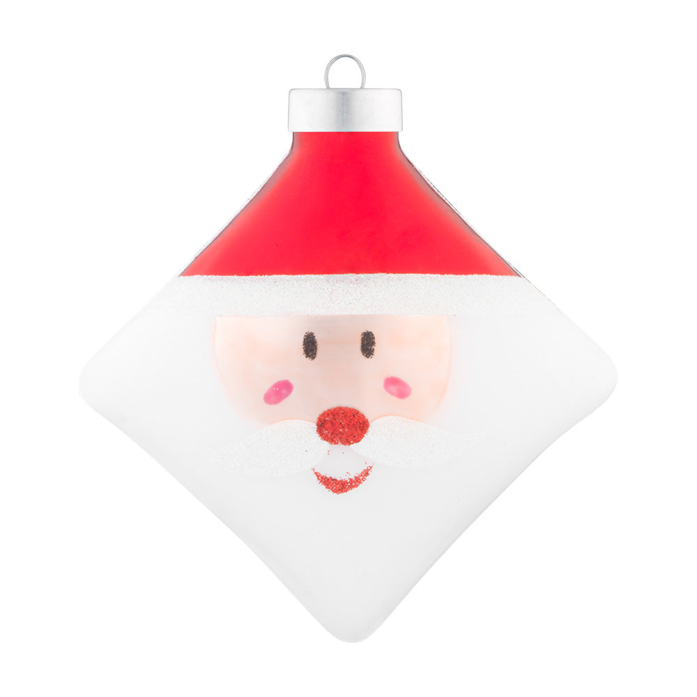 This cute smiley Santa is featured on a white square with iridescent glitter details.