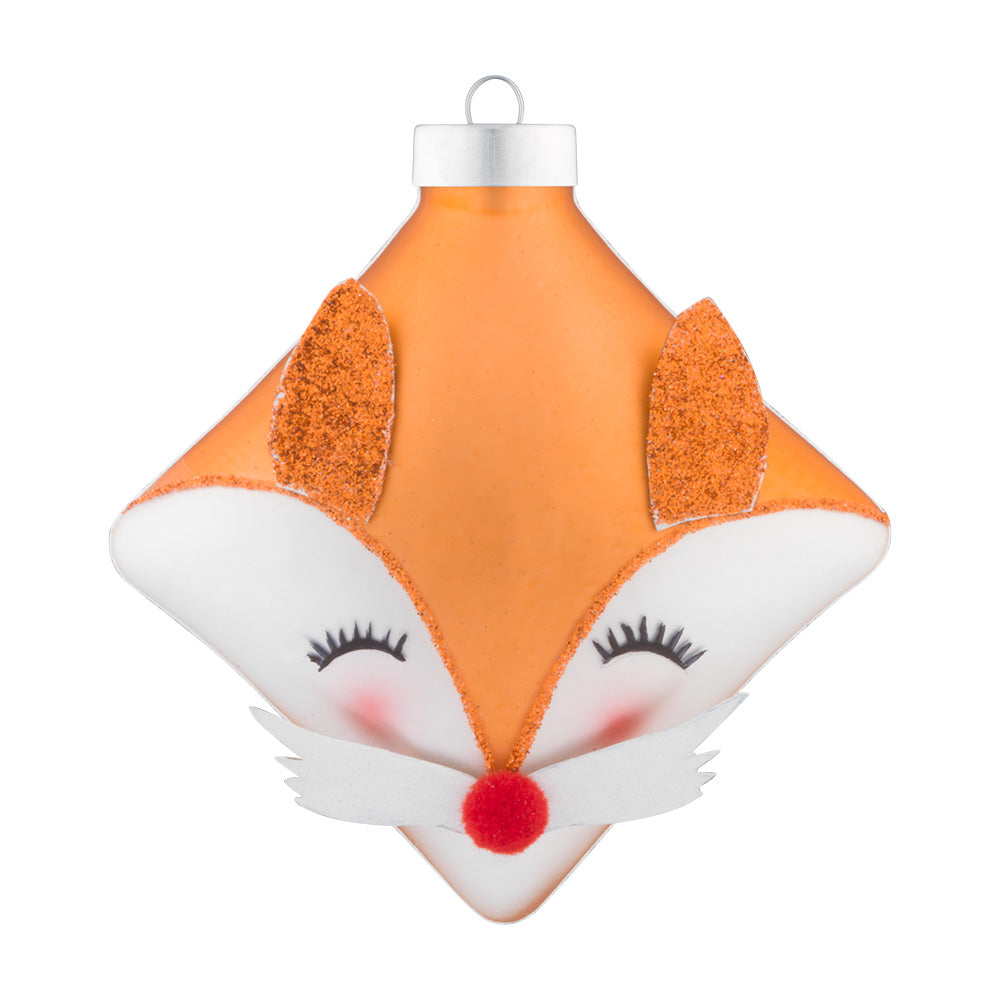 This cute smiley fox is featured on a orange shiny square with a button nose and sparkly ears.
