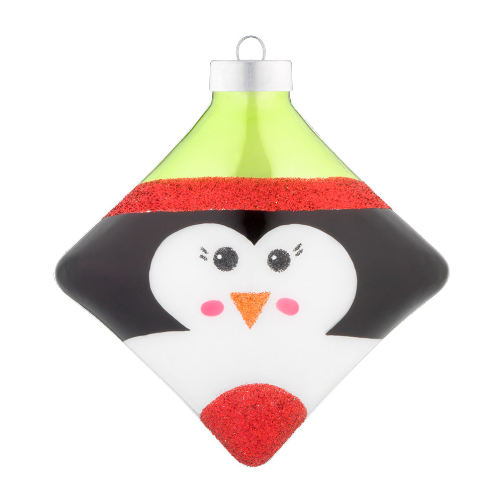 This cute smiley penguin is featured on a square with an adorable green hat and rosy cheeks.