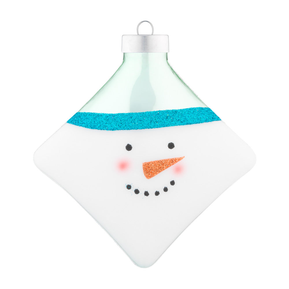 This cute smiley snowman is featured on a white shiny square with rosy cheeks and a carrot nose.