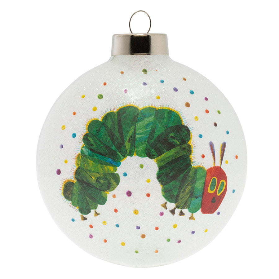 For fifty years, Eric Carle's delightful caterpillar has filled the hearts of children and adults alike! This officially licensed  glass ornament is the perfect way to bring everyone's favorite caterpillar from the book to your tree! ™ and © EC.