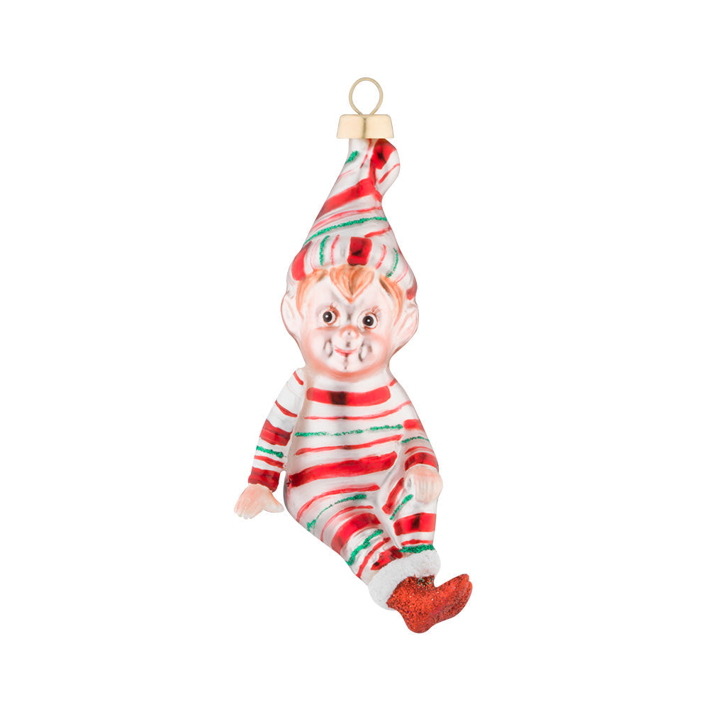 This classic glass elf is dressed up in his adorable striped pajamas and a striped hat.