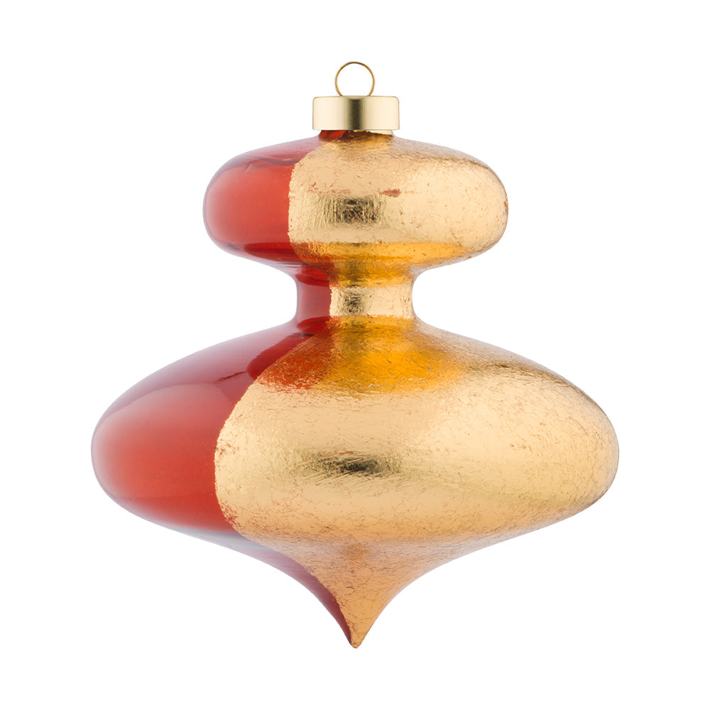 This two tiered glass finial is covered in gold foil and a translucent burgundy.