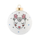This white shiny round is adorned with a cute little rosy cheeked reindeer and a gold smooth modern cap.