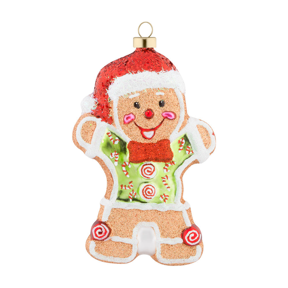 This sparkled Gingerbread Man is looking mighty jolly in his bright green shirt and Santa hat.