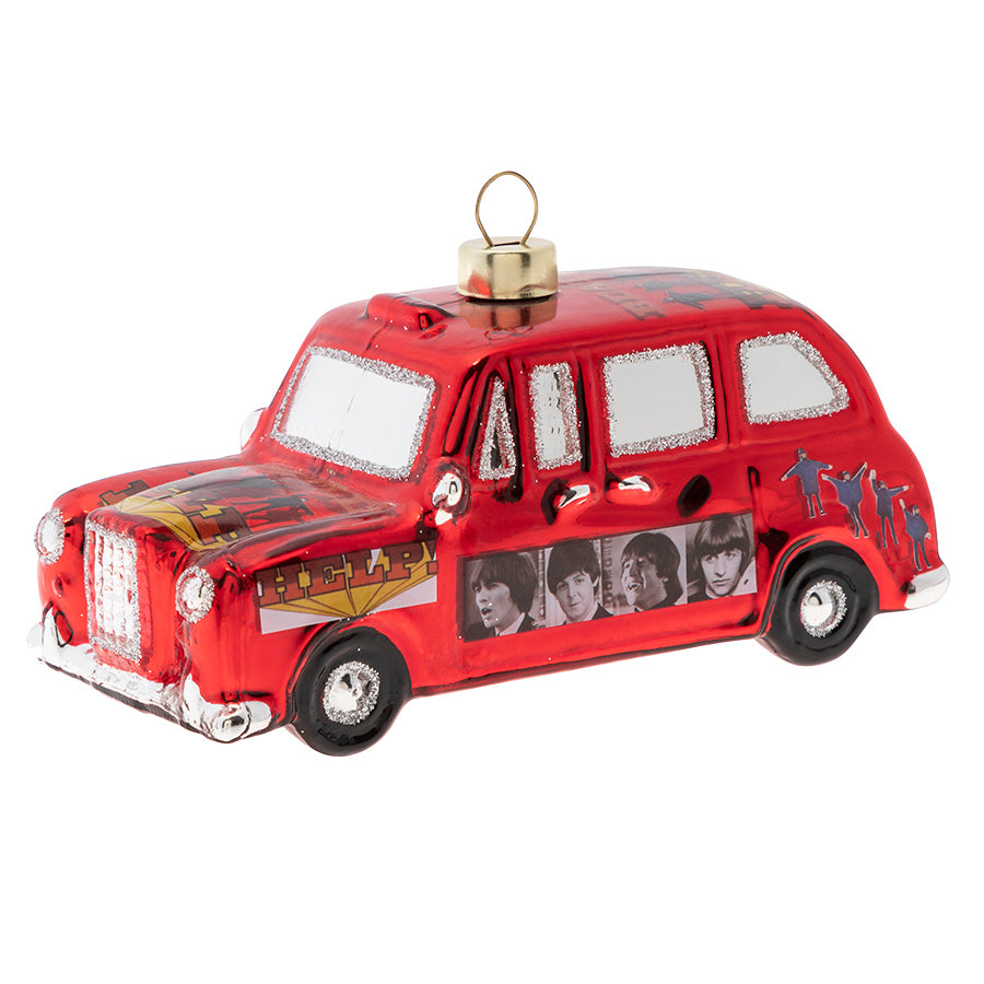 Remember all the good times spent driving around listening to the Beatles with this Beatles Cab glass ornament. The cab displays the iconic graphics from the album "HELP!".