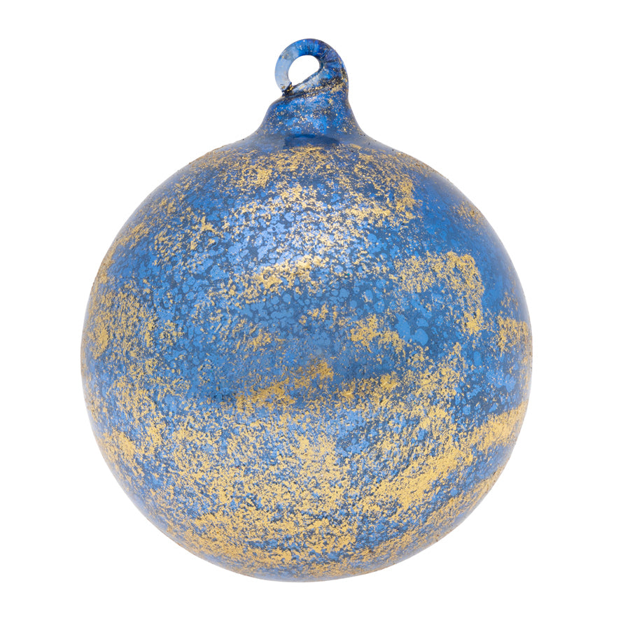 Our blue dimpled glass round is splashed with gold foil which makes this ornament truly twinkle.
