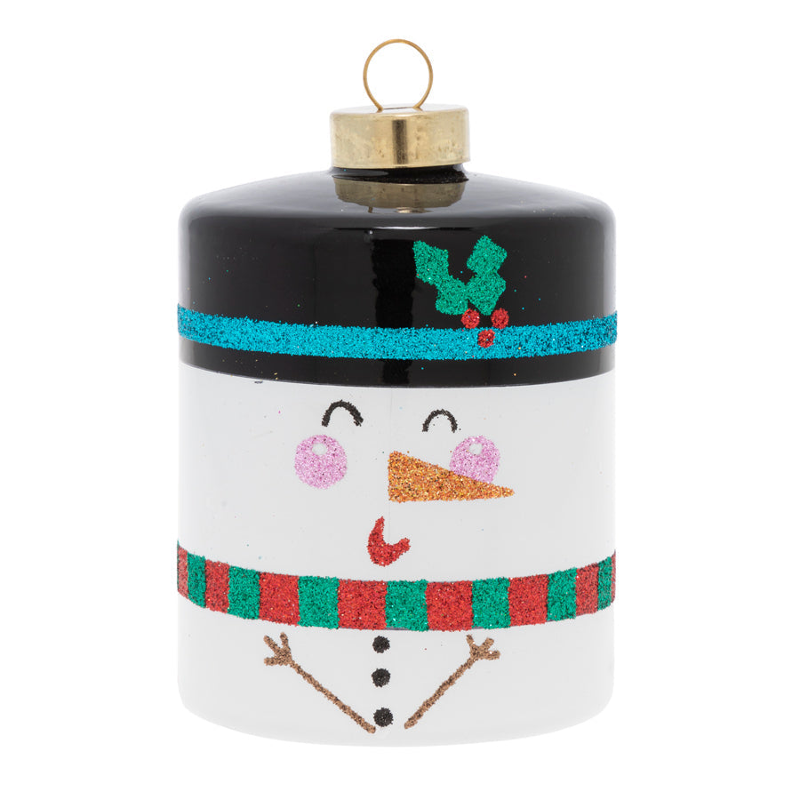 Our adorable glass cylinder snowman is ready for fun this winter in his colorfully striped scarf and holly winter hat!