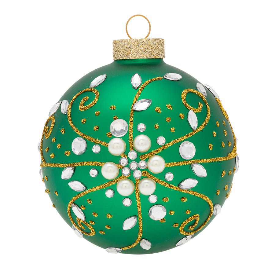 Covered in jewels and gems, this green decorated round  is sure to be a show stopper on your tree.