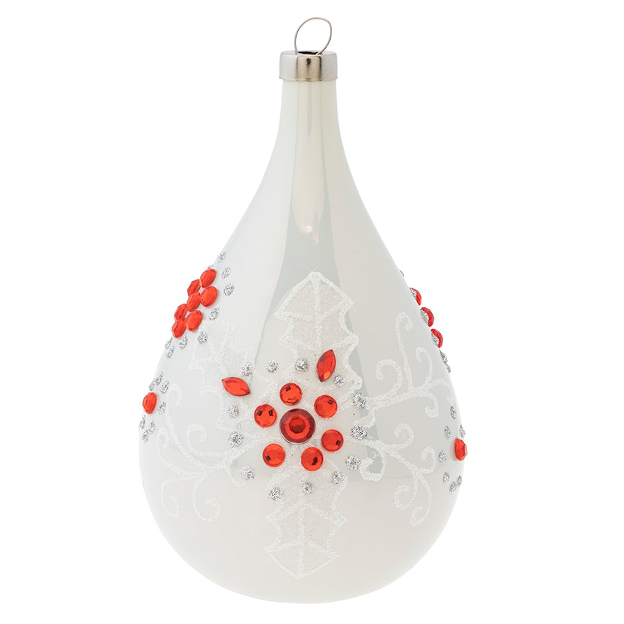 Our pearlized white teardrop glass ornament is decorated with white glittered Christmas florals and embellished with red gems.