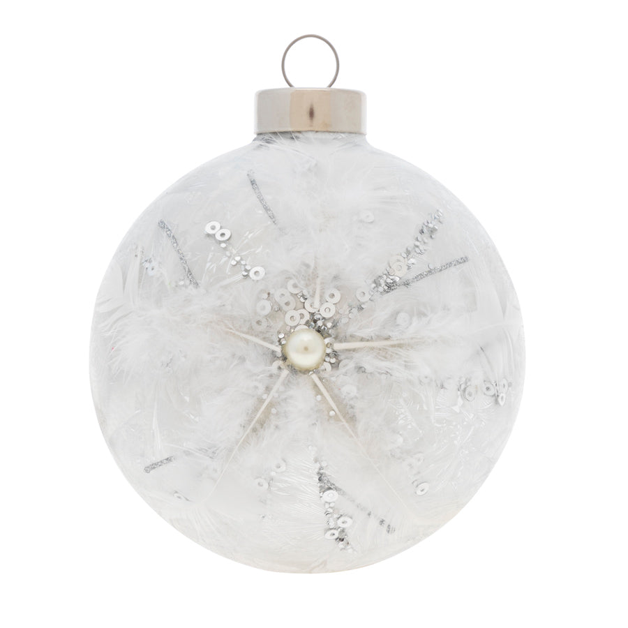 <div>This ice crystal white glass round showcases a winter wonderland snowflake, made of various silver gems and beautiful white feathers. </div>