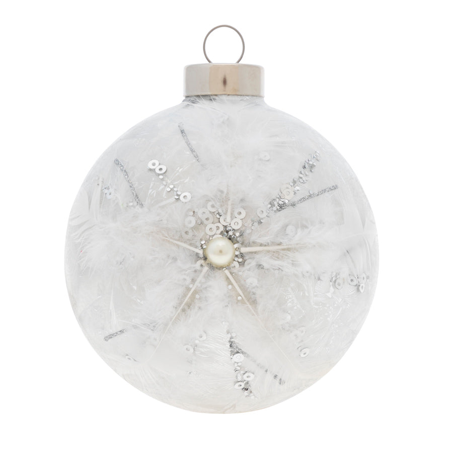 <div>This ice crystal white glass round showcases a winter wonderland snowflake, made of various silver gems and beautiful white feathers. </div>