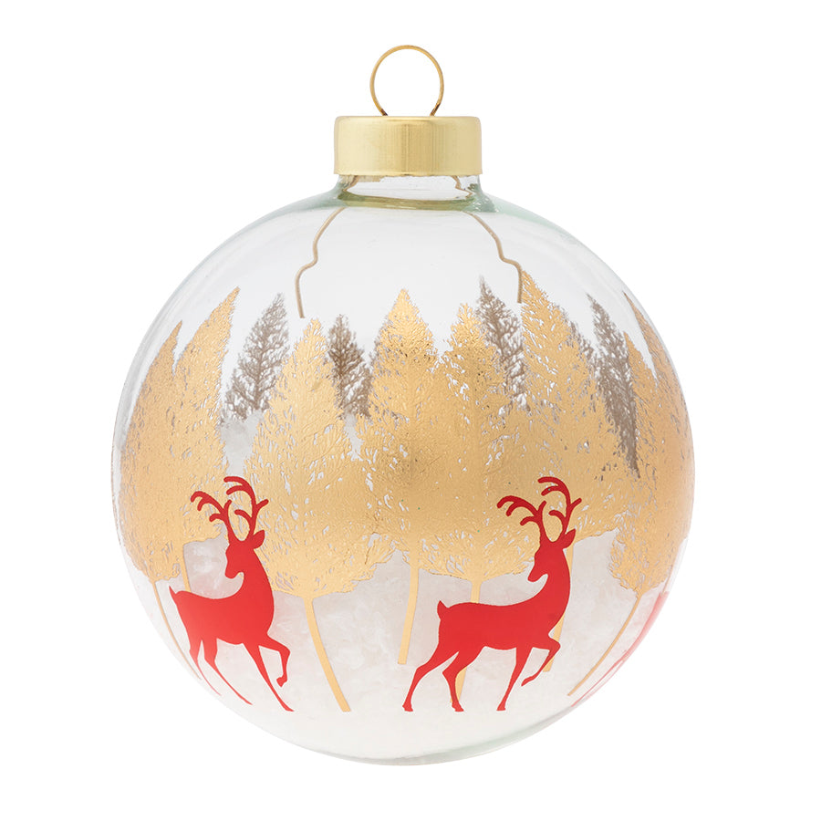 <div>Our snowy forest scene paints the picture of golden trees and red reindeer dancing around this snow-filled round. </div>