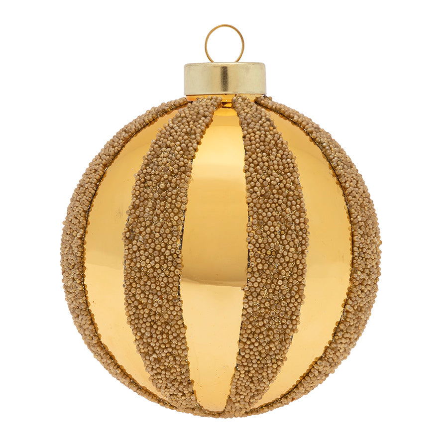 Gold Microbead Stripes drape down the sides of this luxurious gold glass round.