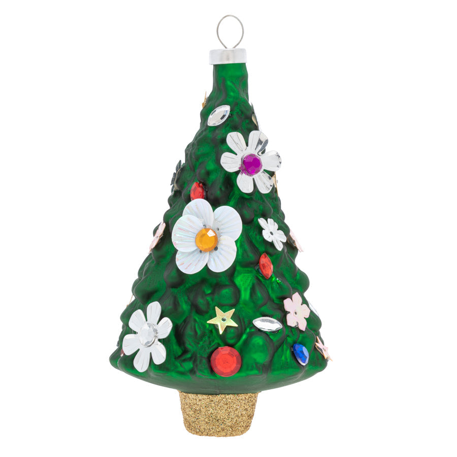 This adorable crafty tree is embellished with unique florals and jewels that are perfect for the Holiday season.