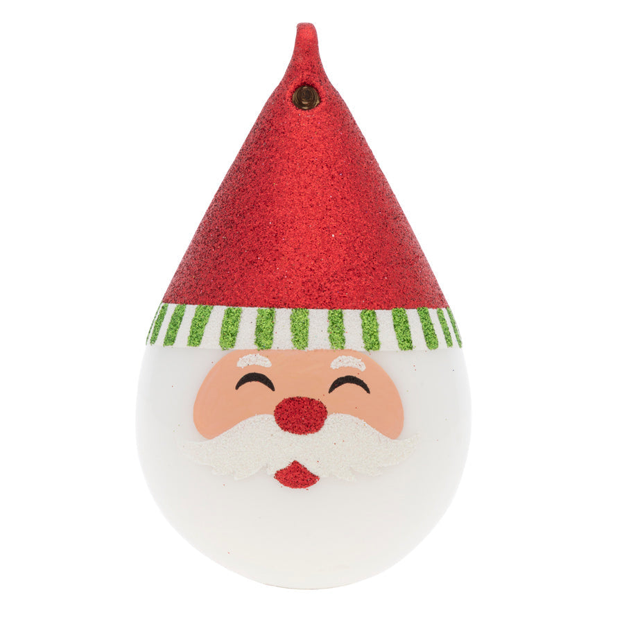 Our modern tear drop ornament comes to life with a festive Santa face and sparkly red hat.
