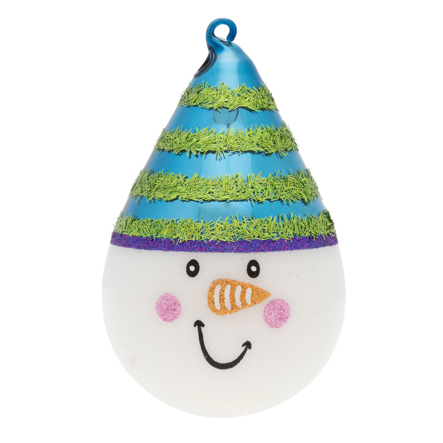 Our modern tear drop ornament comes to life with a cheery Snowman face and finely textured glitter-striped hat.