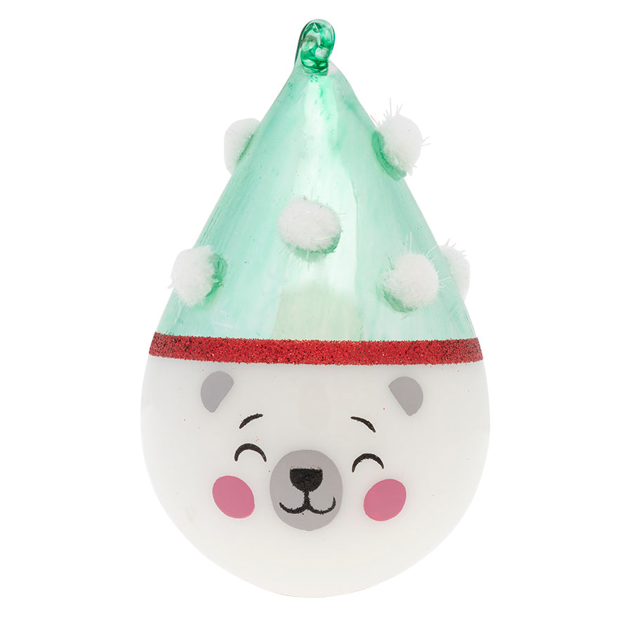 Our modern tear drop ornament comes to life with a joyful Polar Bear face and hat with dancing pom poms.