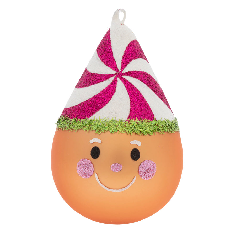 Our modern tear drop ornament comes to life with a merry Gingerbread face and swirling candy hat.