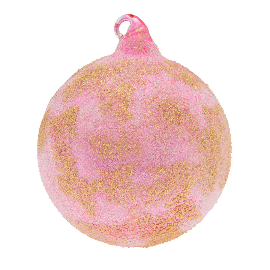 Our pink dimpled glass round is splashed with gold foil which makes this ornament truly sparkle.