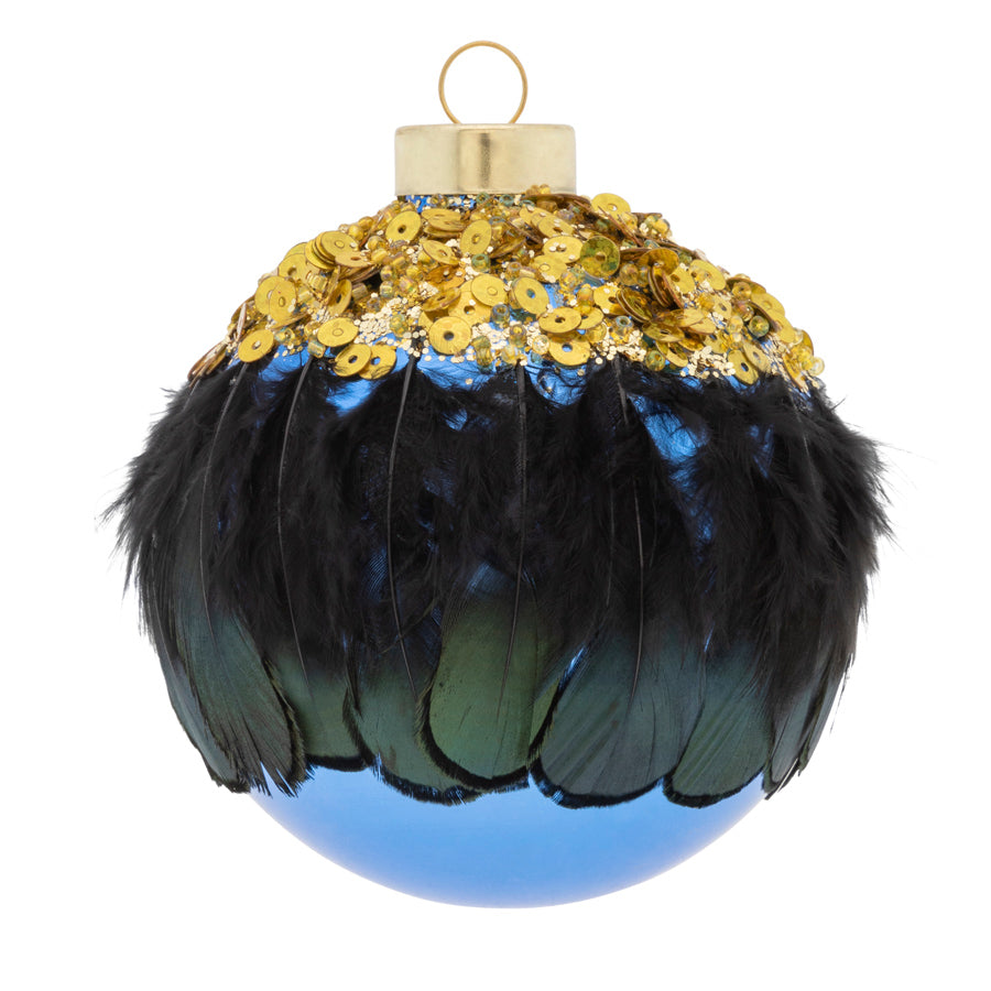 Thick gold sequins and beautiful feathers delicately cascade down this stunning blue round.
