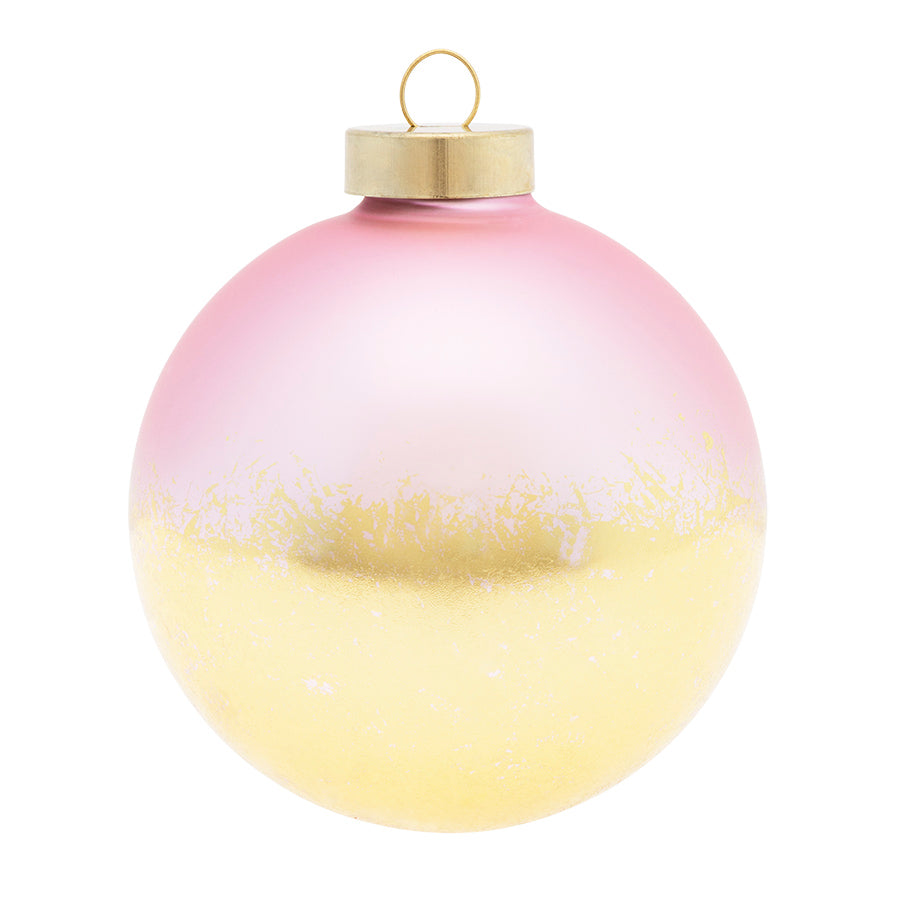 Carefully applied gold foil coats the bottom half of this light pink round to create a work of art for your tree!