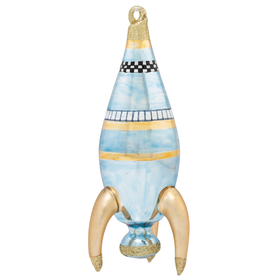 To the moon! This futuristic metallic rocket ship ornament is perfect for the wannabe astronaut in your life.