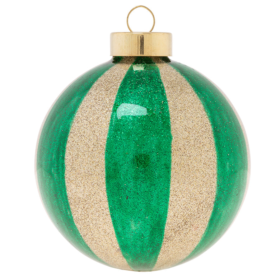 Shimmering emerald green and elegant gold striped surround this classic Christmas round.
