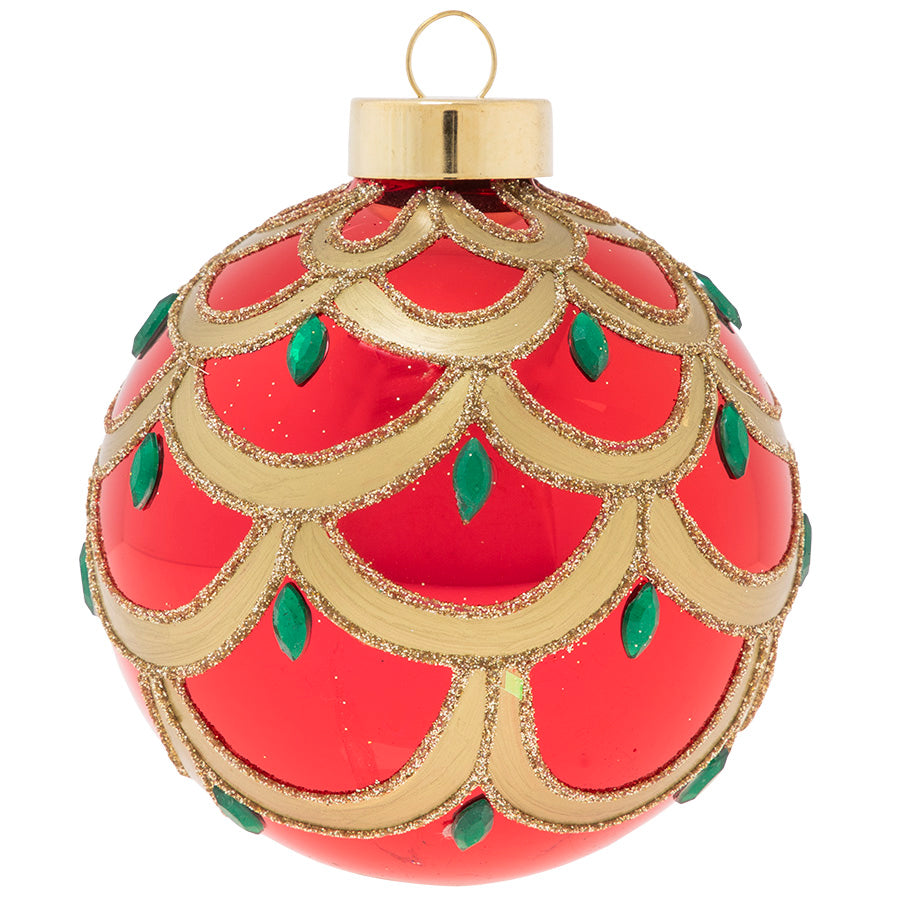 Decorated with gold scallops, emerald green gems and loads of sparkle, this metallic red round is the definition of luxe! 