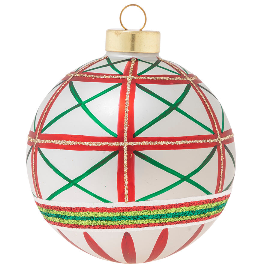 A lattice of holiday greens, reds, and glittering golds make this matte-white round really pop!