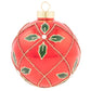 Classic mistletoe leaves, white pearl accents and a glittery golden lattice adorn this ruby-red glass round.