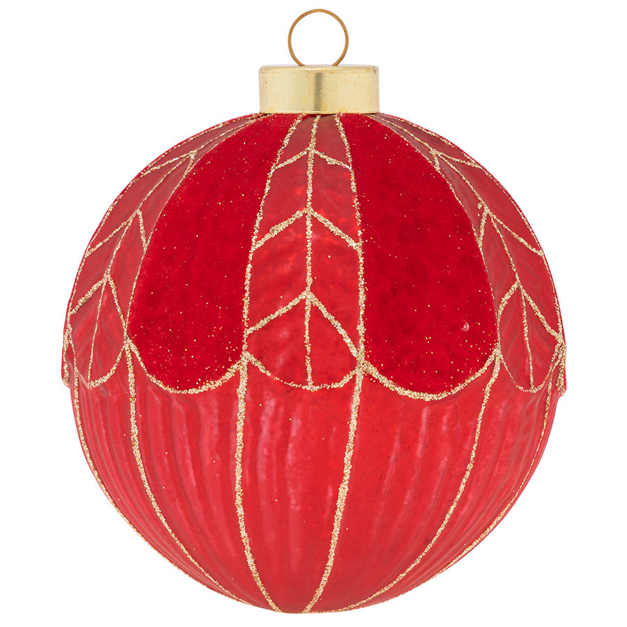 Gold glitter and regal red add a glamorous touch to this flocked and feathered glass round.