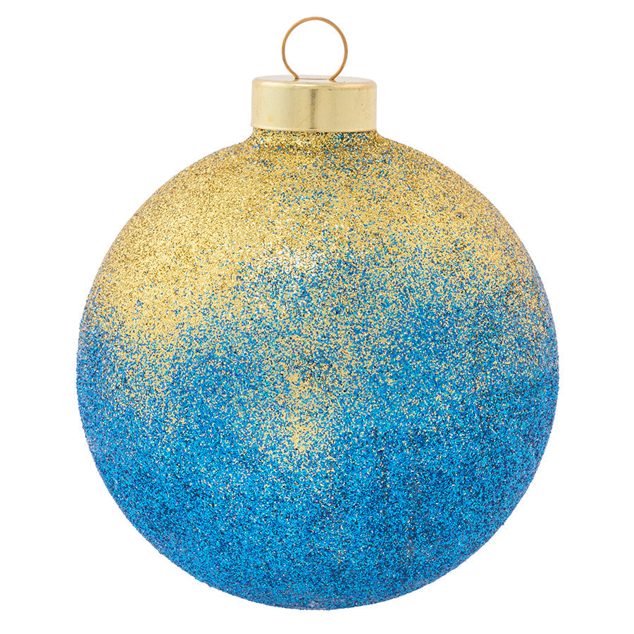 Brilliant blue and glimmering gold glitter come together to create a stunning ombre on this luxe glass globe.