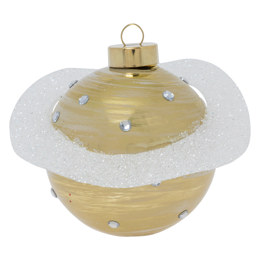 This Saturn ornament is a sparkly statement maker with its brushed gold round encircled by rings of glittering white and shining silver accents.
