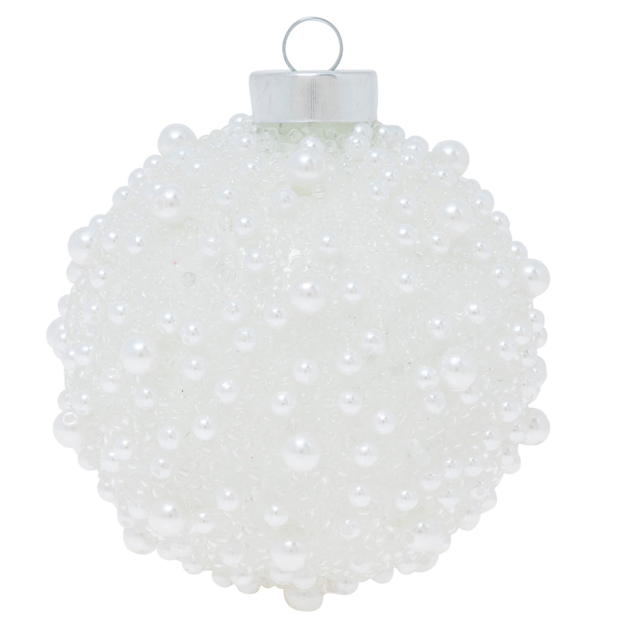 Covered in bubbly glass beads and artificial pearls, this textured ornament is all kinds of frothy fun for your tree!